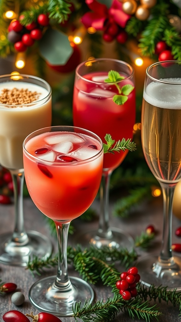 A collection of colorful Christmas cocktails on a festive table with holiday decorations.